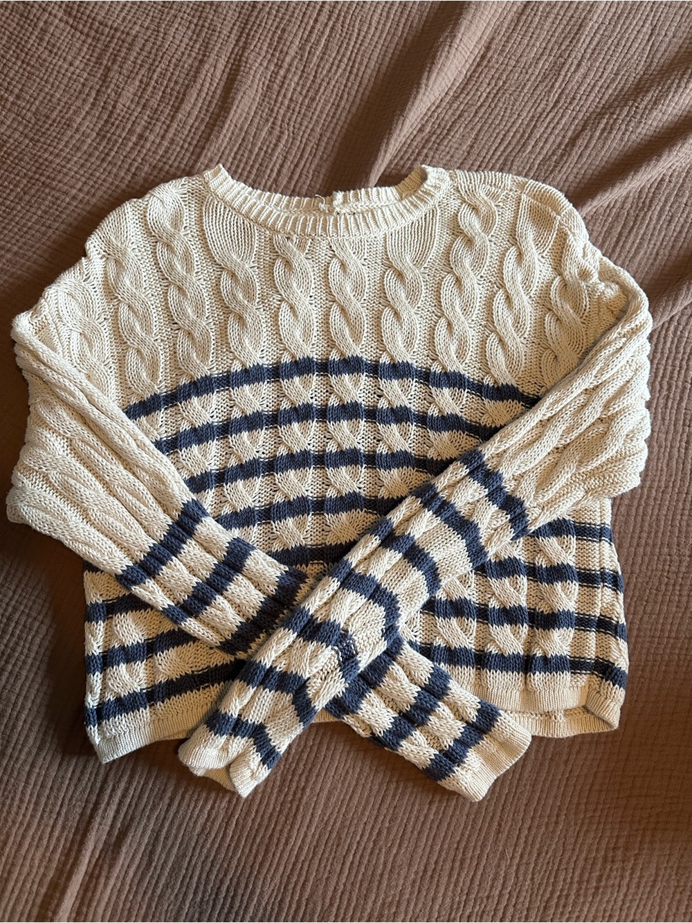 American Eagle Outfitters Cream and Navy Striped Cable-Knit Crew Sweater